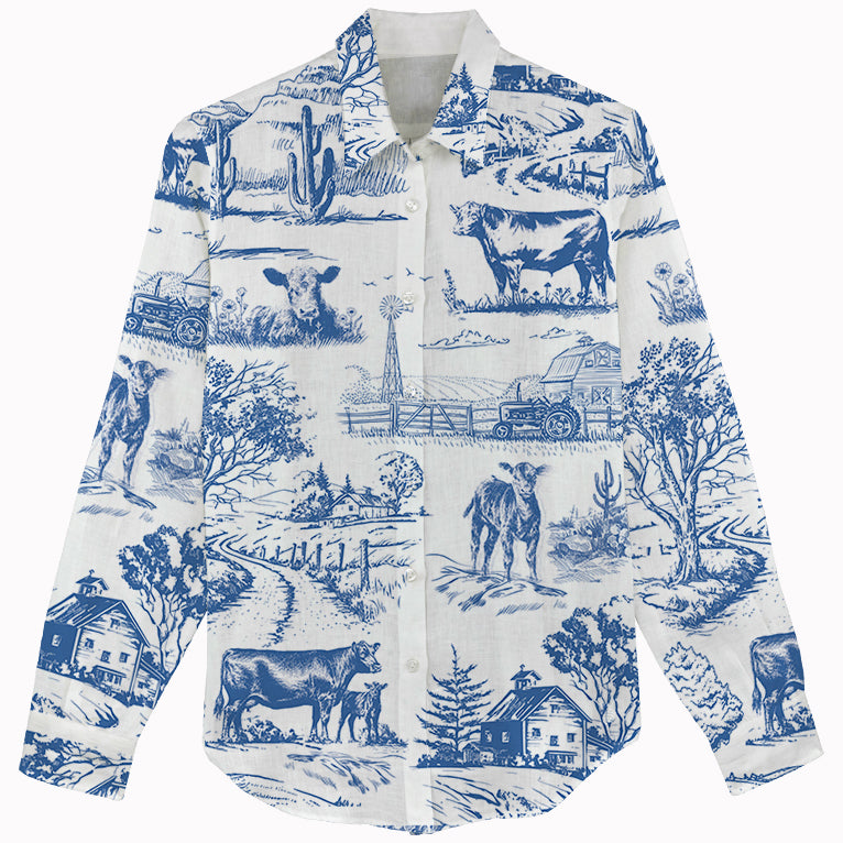 Cattle print Toile pattern Women's Mock Linen Shirts - myfunfarm
