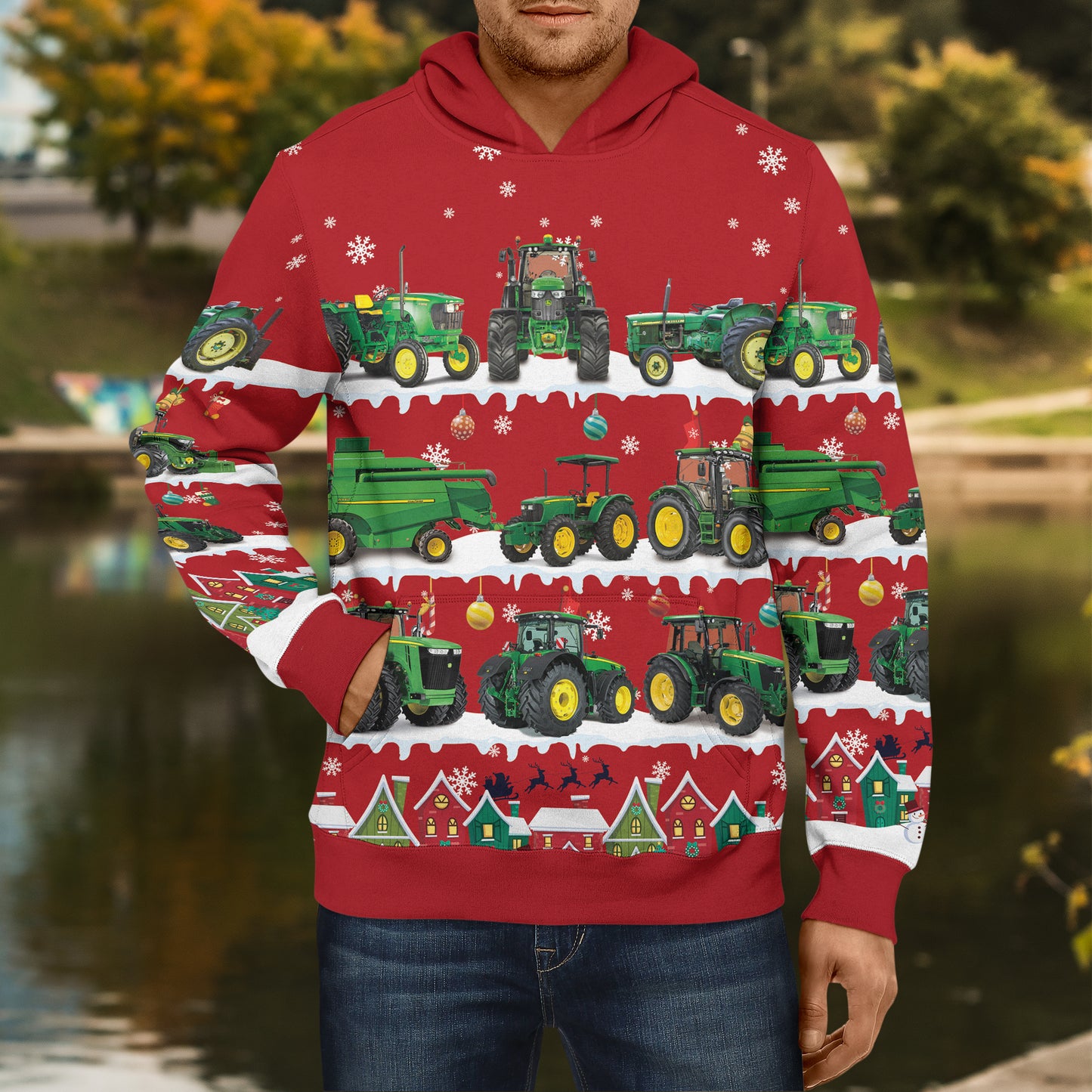 Tractor in Snow - Merry Christmas - Unisex Hoodie, Sweatshirt, Pants for Adult and Kid - myfunfarm