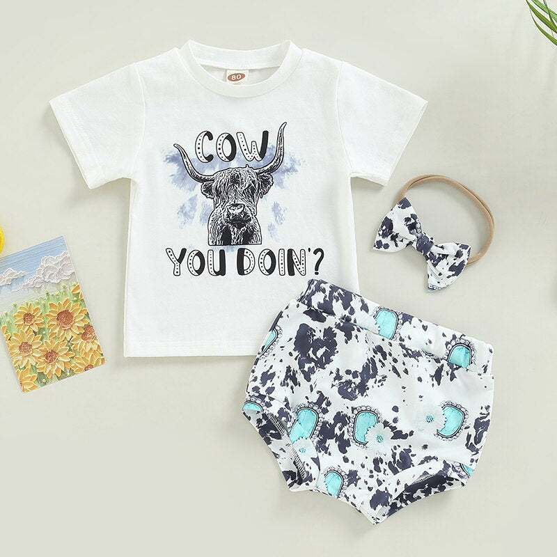 Summer Toddler Newborn Bbay Boys Girls Clothes Sets Cattle Print Short Sleeve Cotton T-shirts+Shorts+Headband Outfits