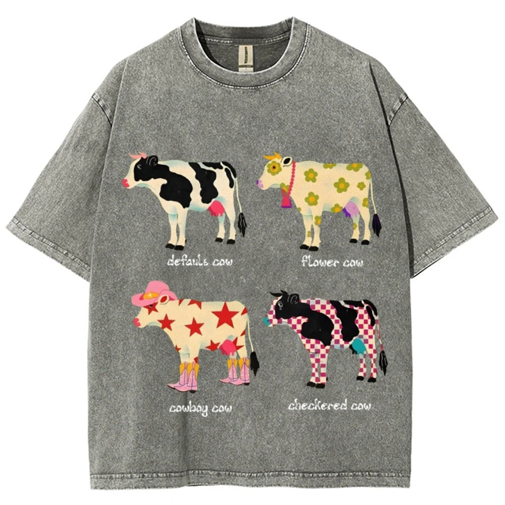 Cute Cartoon Cow Print T-Shirt Pure Cotton Washed - myfunfarm