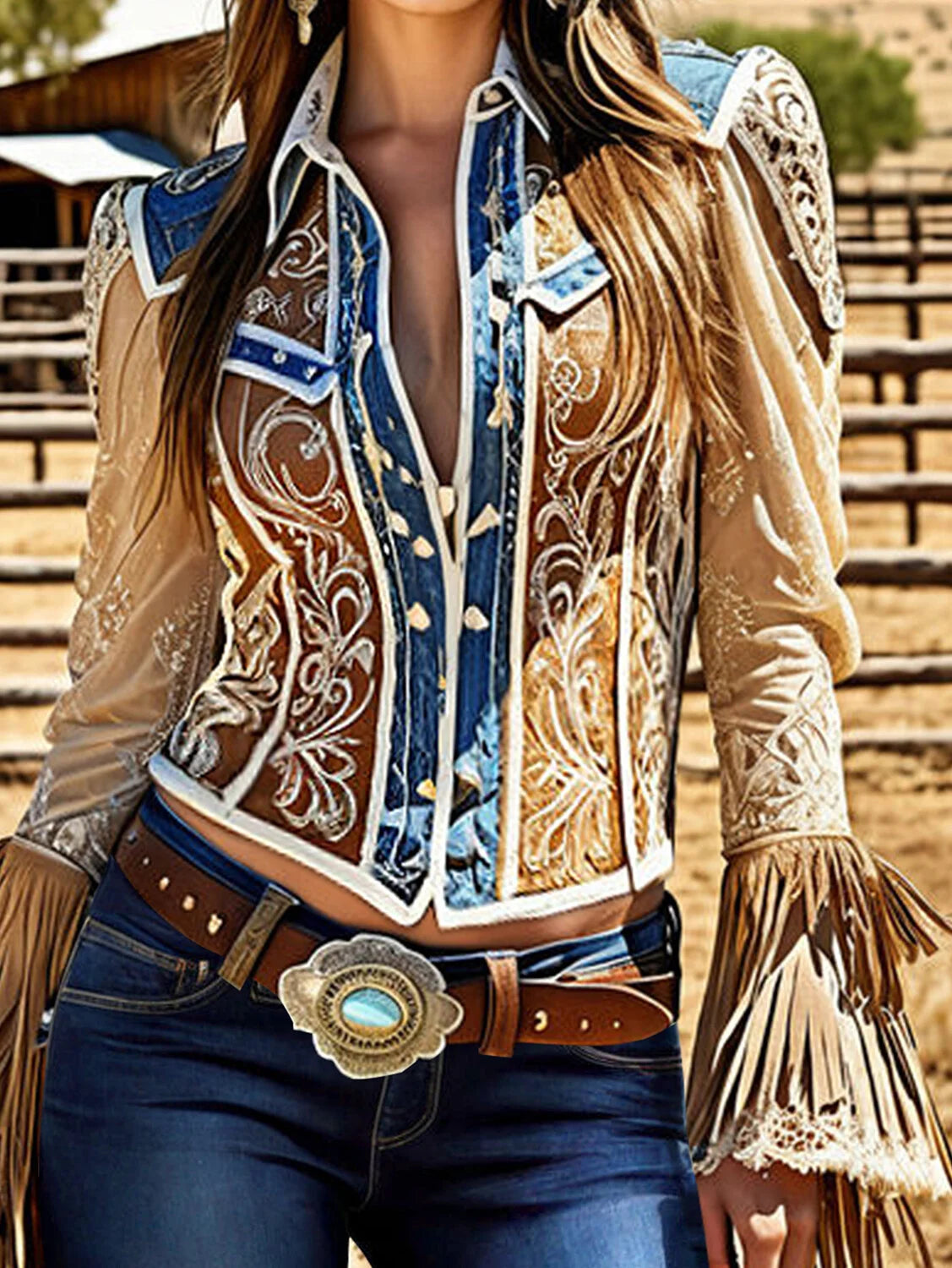 Western Print Women Long Sleeve Vintage Blouse
