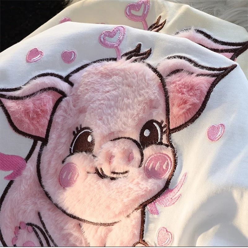 Adorable Pink Pig Plush Embroidered Short Sleeve Women's T-Shirt - myfunfarm