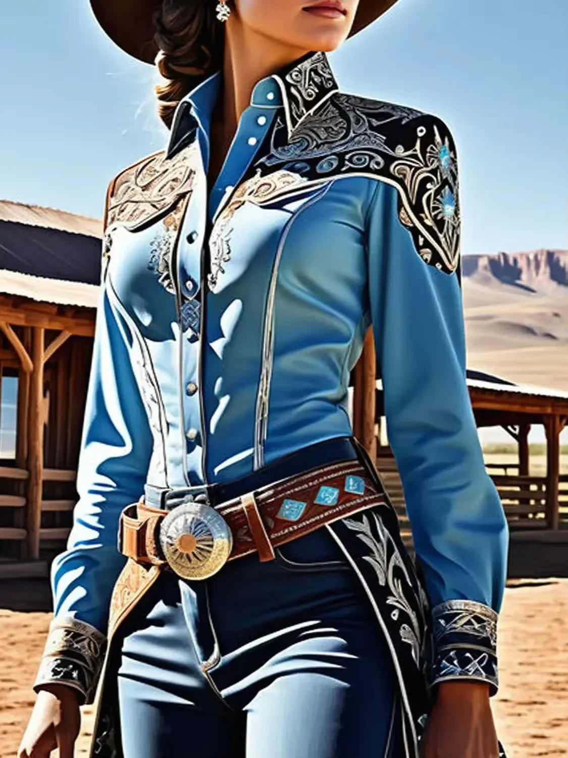 Western Print Women Long Sleeve Vintage Blouse