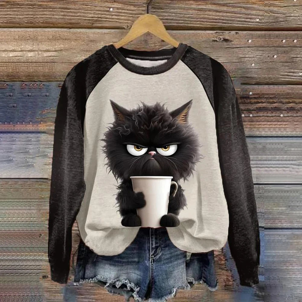 Women Sweatshirt O-Neck Tops Funny Cute Cat Art Print - myfunfarm