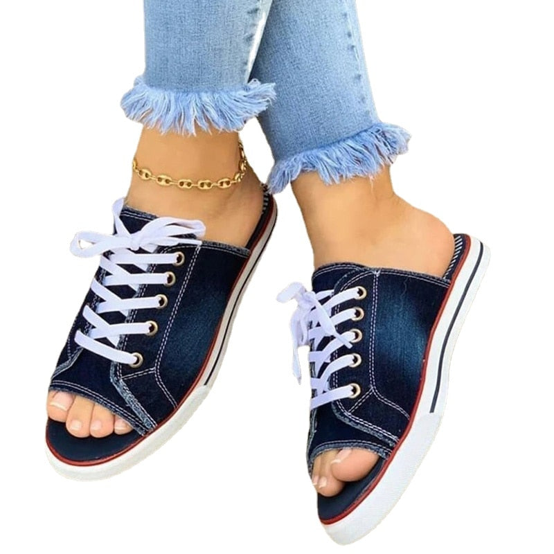 Ladies Slippers Canvas Lace-up Open-toed - myfunfarm
