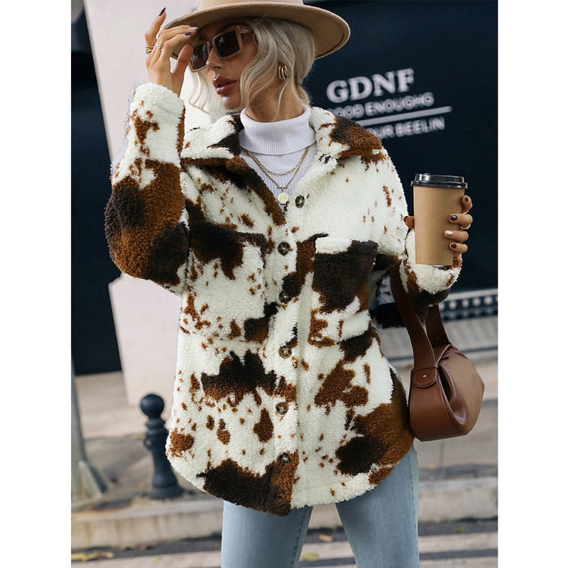Women's Clothing Cow Pattern Plush Lamb Plush Sweater Jacket Cardigan Sweater Jacket Woman casacos de inverno feminino