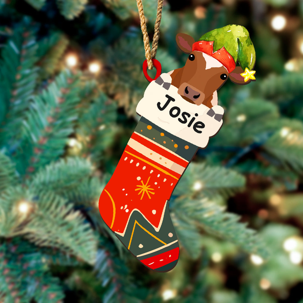 Personalized Wooden Ornament Cattle in Stockings For Christmas