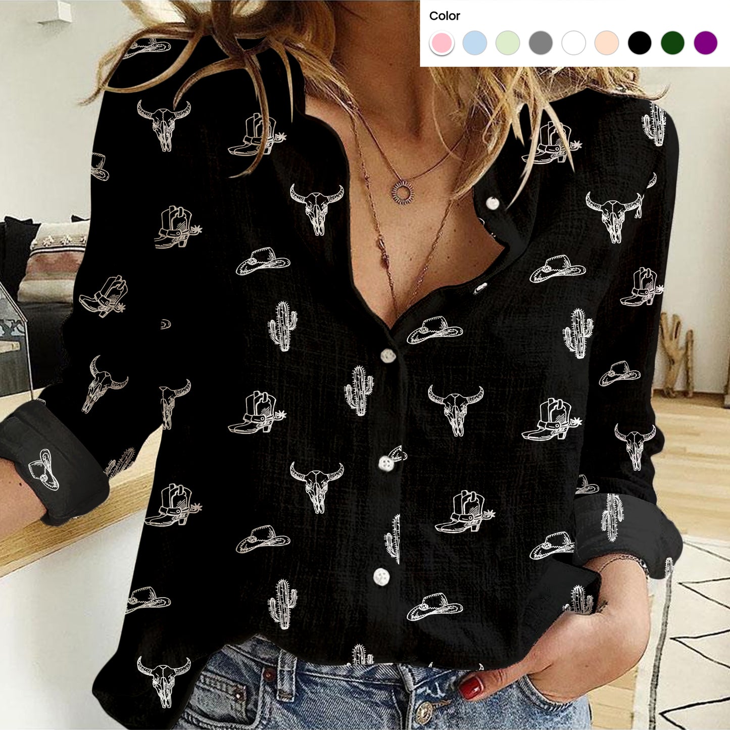 Western Texas pattern Women's Mock Linen Shirts - myfunfarm