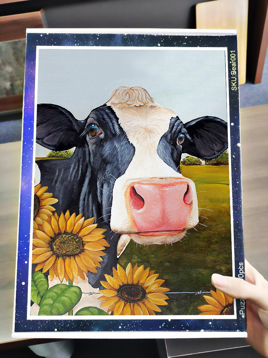 Cow and sunflowers print Puzzle 500pcs and 1000pcs - myfunfarm - clothing acceessories shoes for cow lovers, pig, horse, cat, sheep, dog, chicken, goat farmer
