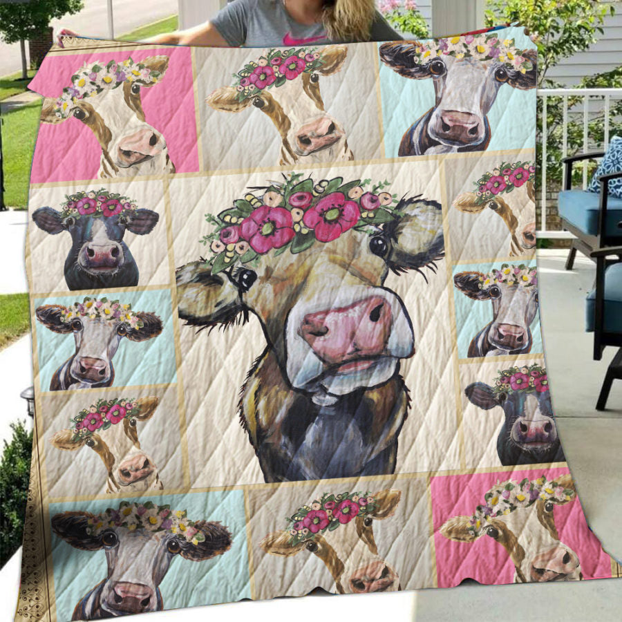 Cute cow flowers -Print Quilt - myfunfarm - clothing acceessories shoes for cow lovers, pig, horse, cat, sheep, dog, chicken, goat farmer