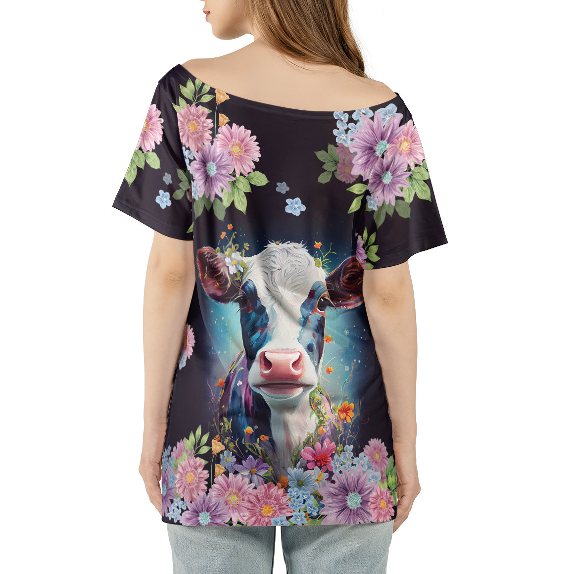 Cute cow design - Women's Off the shoulder T-shirt - myfunfarm