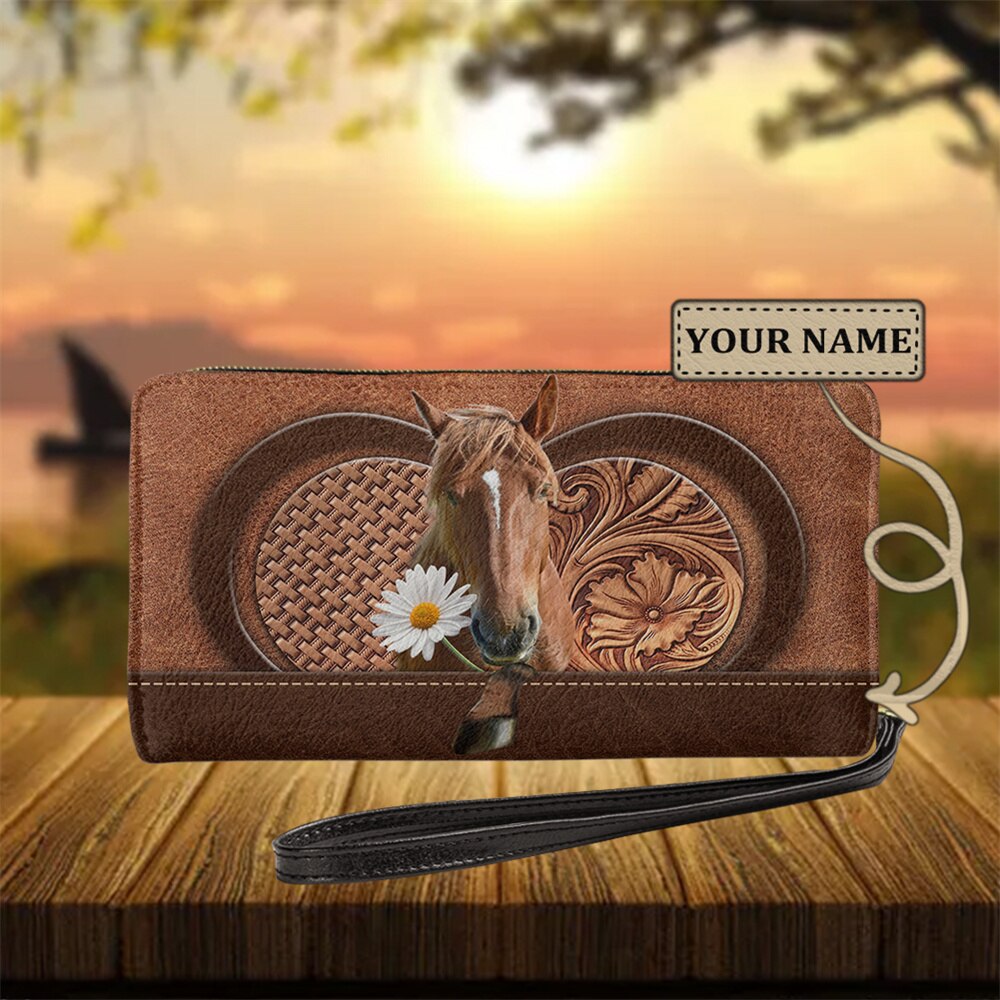 Personalized name-Long Wallet Ladies Brown Vintage Black Horse - myfunfarm