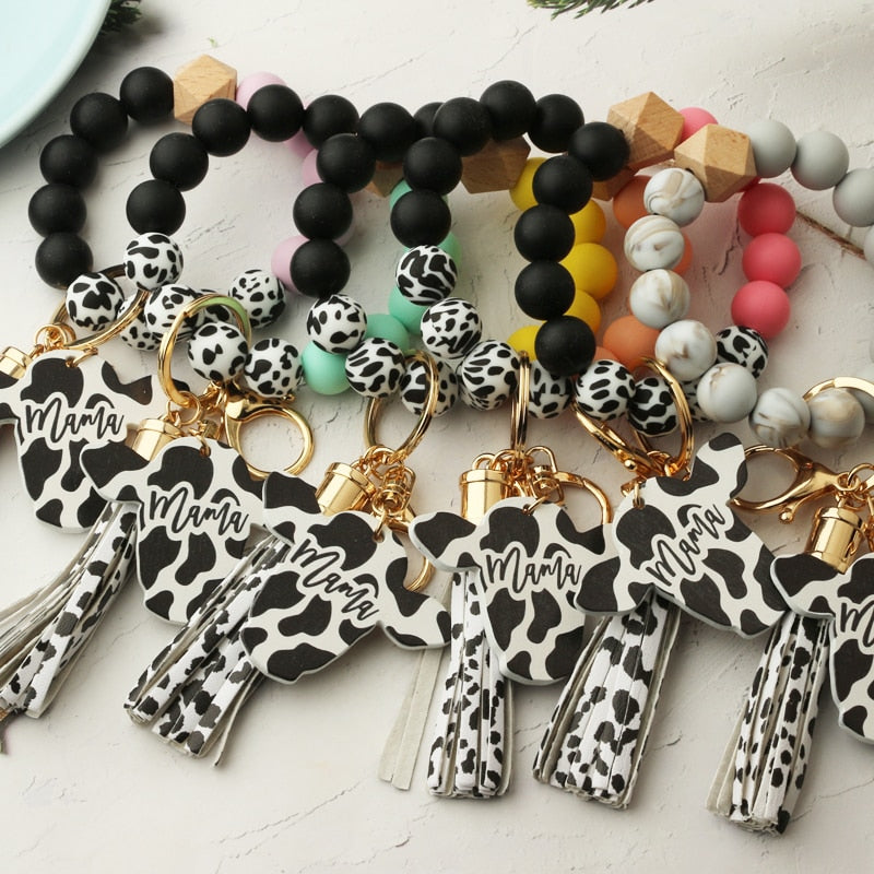 Cow Custom Beads Leather Tassel Wooden Bead Bracelet gift for MAMA