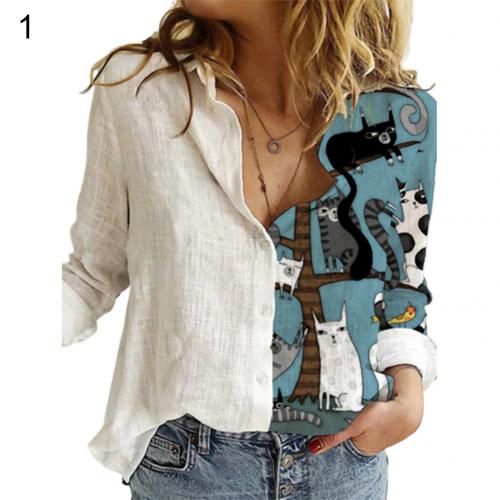 Cute Cat print Women Long Sleeve Shirt - myfunfarm