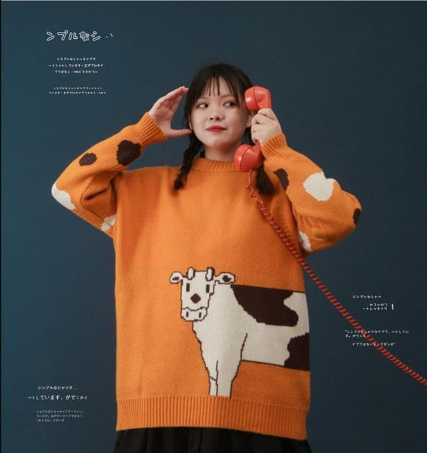 Cartoon Cows Women Sweaters O-neck Pullover Knitted - myfunfarm