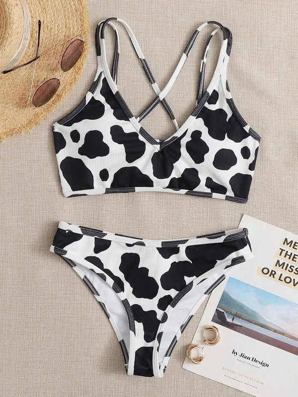 Bikini Swimsuit Cow Pattern Swimwear 2 Pieces With Pad - myfunfarm