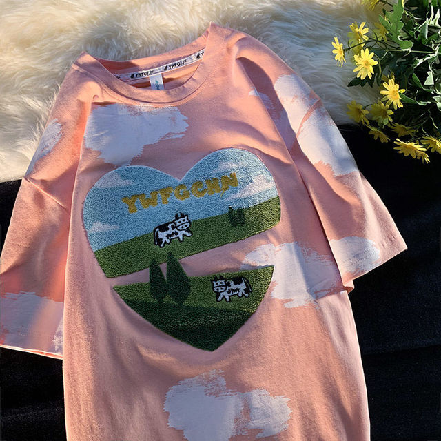 Cow Flocking Summer Cotton Oversized Tee Sweet Cute - myfunfarm