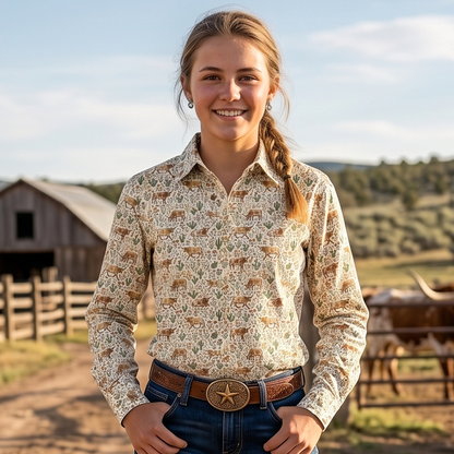 Floral texas longhorn cattle pattern Women's Mock Linen Shirts - myfunfarm