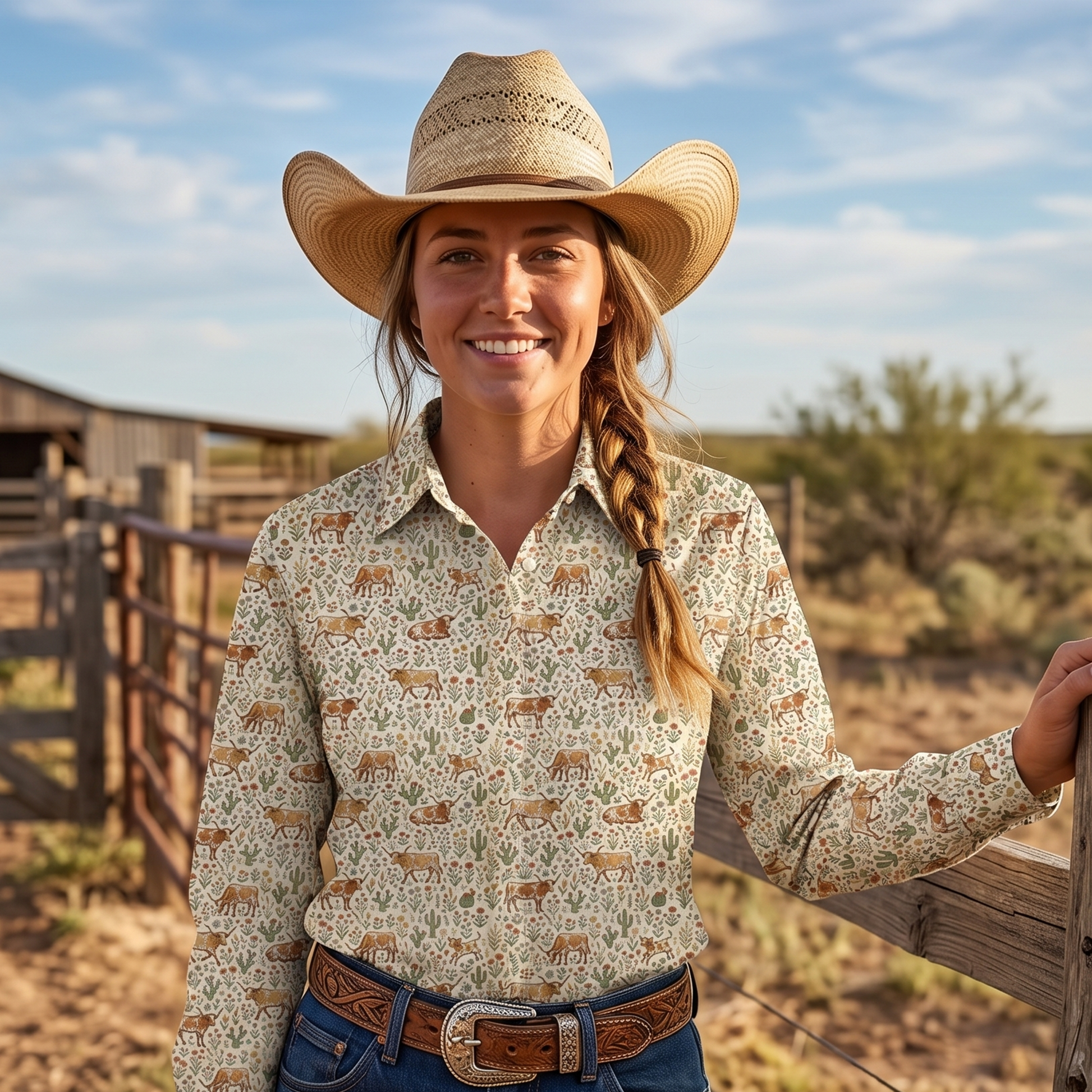 Floral texas longhorn cattle pattern Women's Mock Linen Shirts - myfunfarm