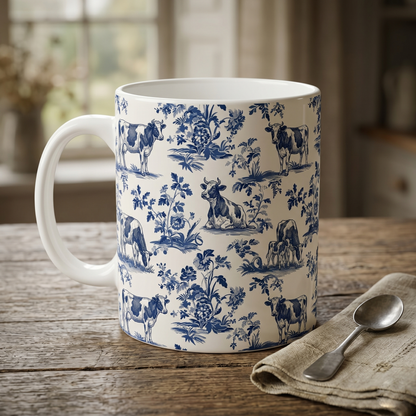 Cow French Toile de Jouy Mug, Blue Toile Coffee Cup Cow Lover Gifts - myfunfarm
