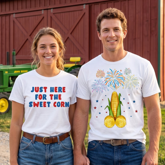 Just here for the Sweet corn, Unisex T-Shirt-4th of July Couples Shirt - myfunfarm