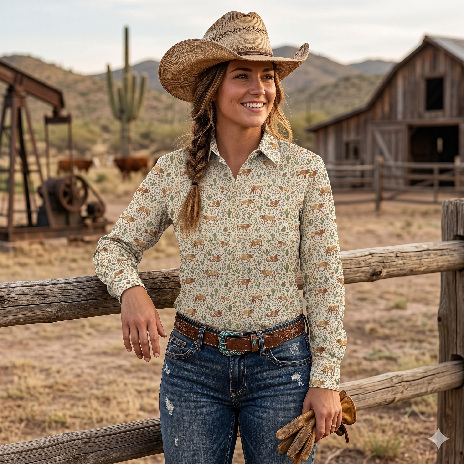 Floral texas longhorn cattle pattern Women's Mock Linen Shirts - myfunfarm