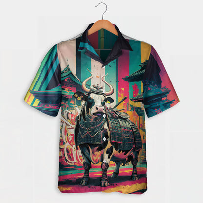 Samurai Cow Hawaiian Shirt Japanese Art Farmer Gift - myfunfarm