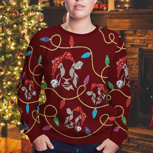 Fake Glitter Print Cow lights Merry Christmas - Unisex Sweatshirt for Adult and Kid