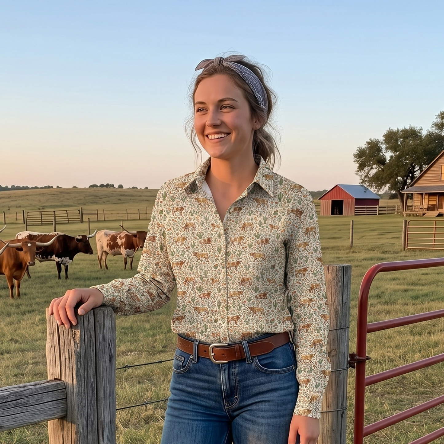 Floral texas longhorn cattle pattern Women's Mock Linen Shirts - myfunfarm