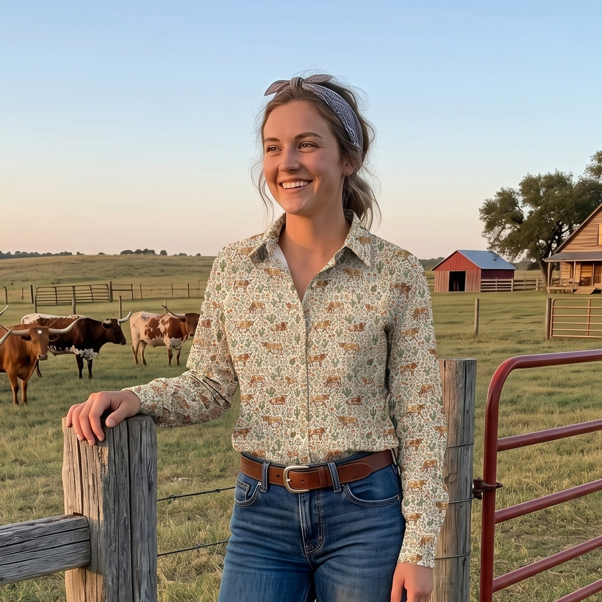 Floral texas longhorn cattle pattern Women's Mock Linen Shirts - myfunfarm