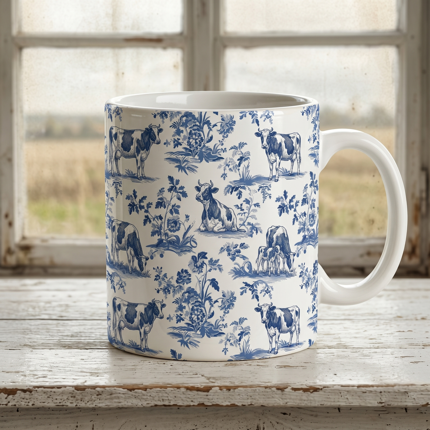 Cow French Toile de Jouy Mug, Blue Toile Coffee Cup Cow Lover Gifts - myfunfarm