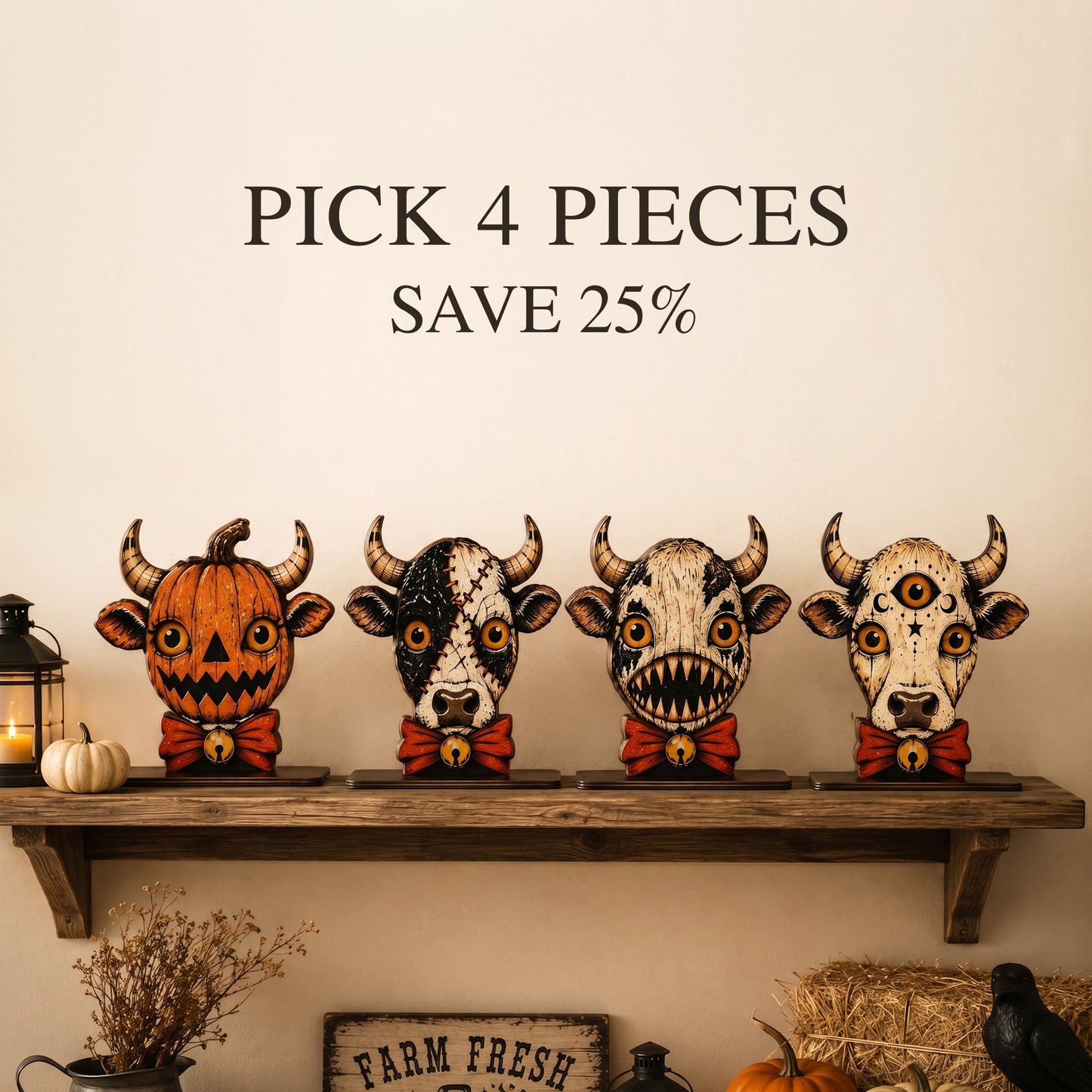Halloween Cow Wooden Block for Shelf Decor, Housewarming Gift