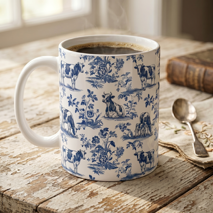 Cow French Toile de Jouy Mug, Blue Toile Coffee Cup Cow Lover Gifts - myfunfarm