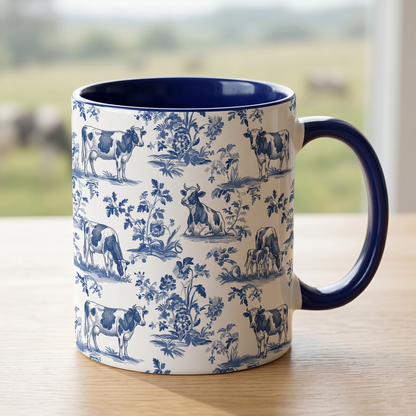 Cow French Toile de Jouy Mug, Blue Toile Coffee Cup Cow Lover Gifts - myfunfarm