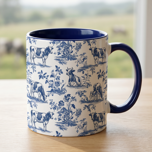 Cow French Toile de Jouy Mug, Blue Toile Coffee Cup Cow Lover Gifts - myfunfarm