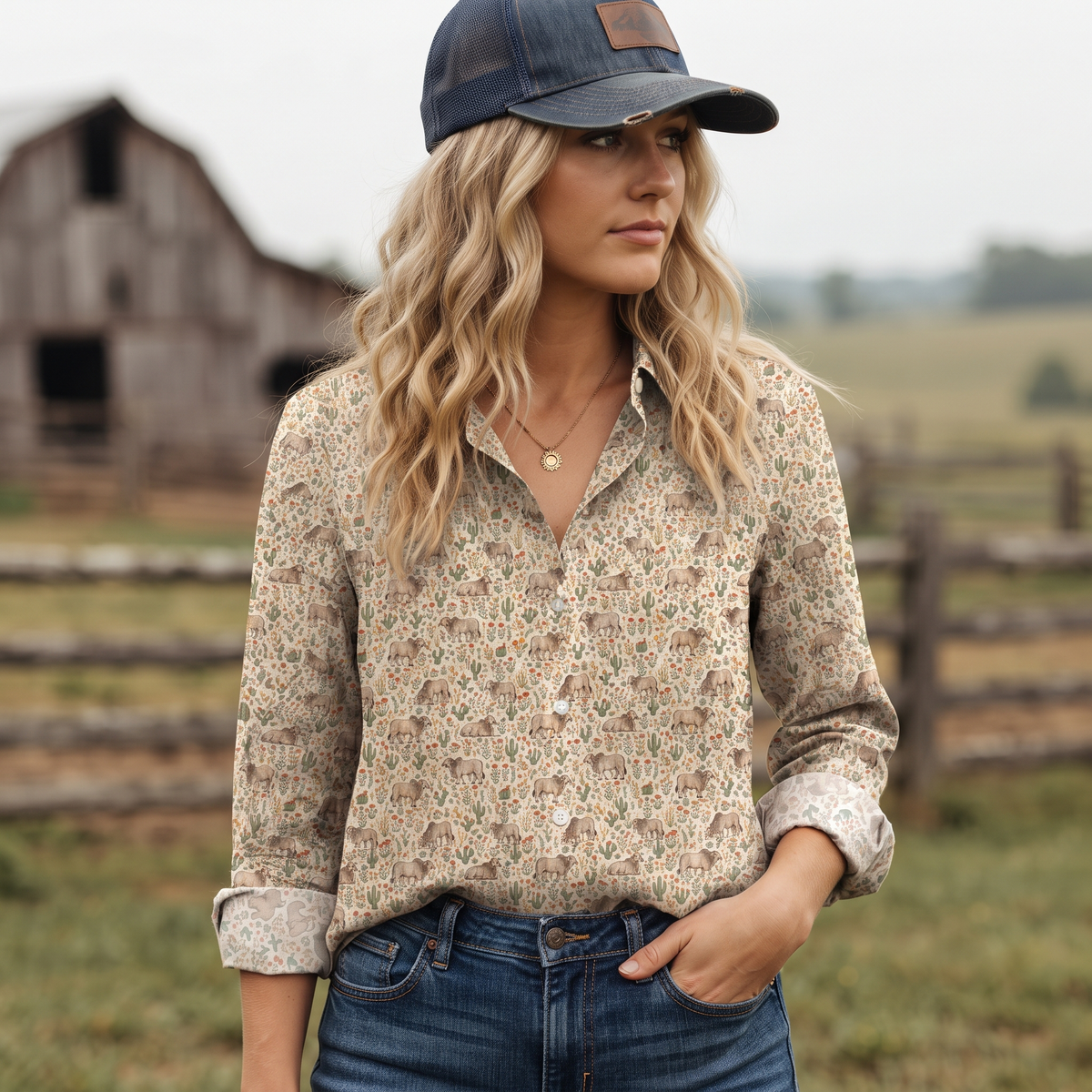Floral Brahman cattle pattern Women's Mock Linen Shirts