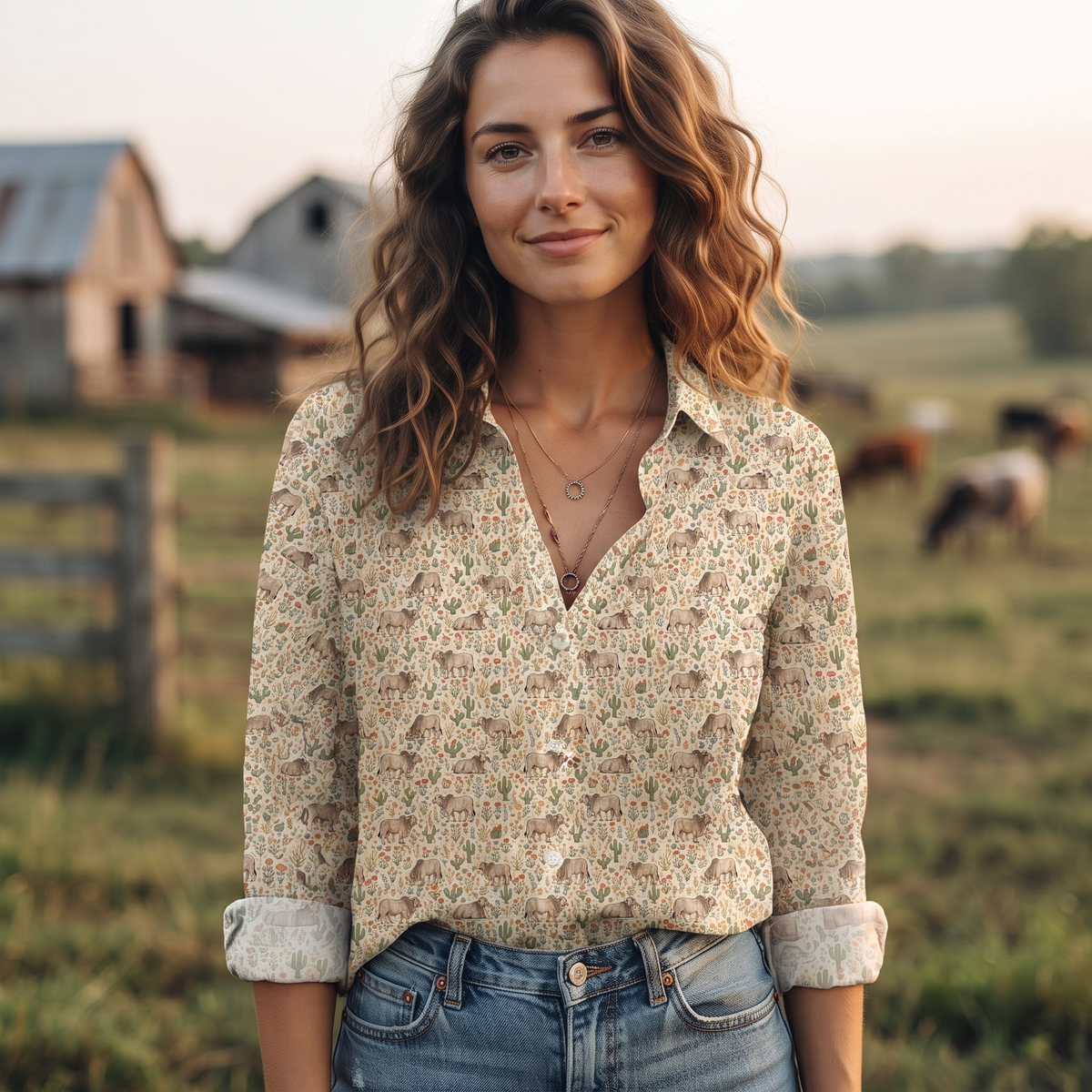 Floral Brahman cattle pattern Women's Mock Linen Shirts