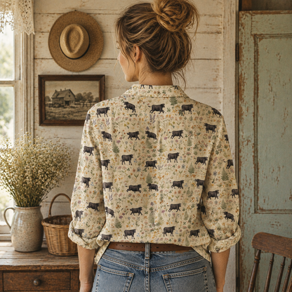 Floral angus cattle pattern Women's Mock Linen Shirts