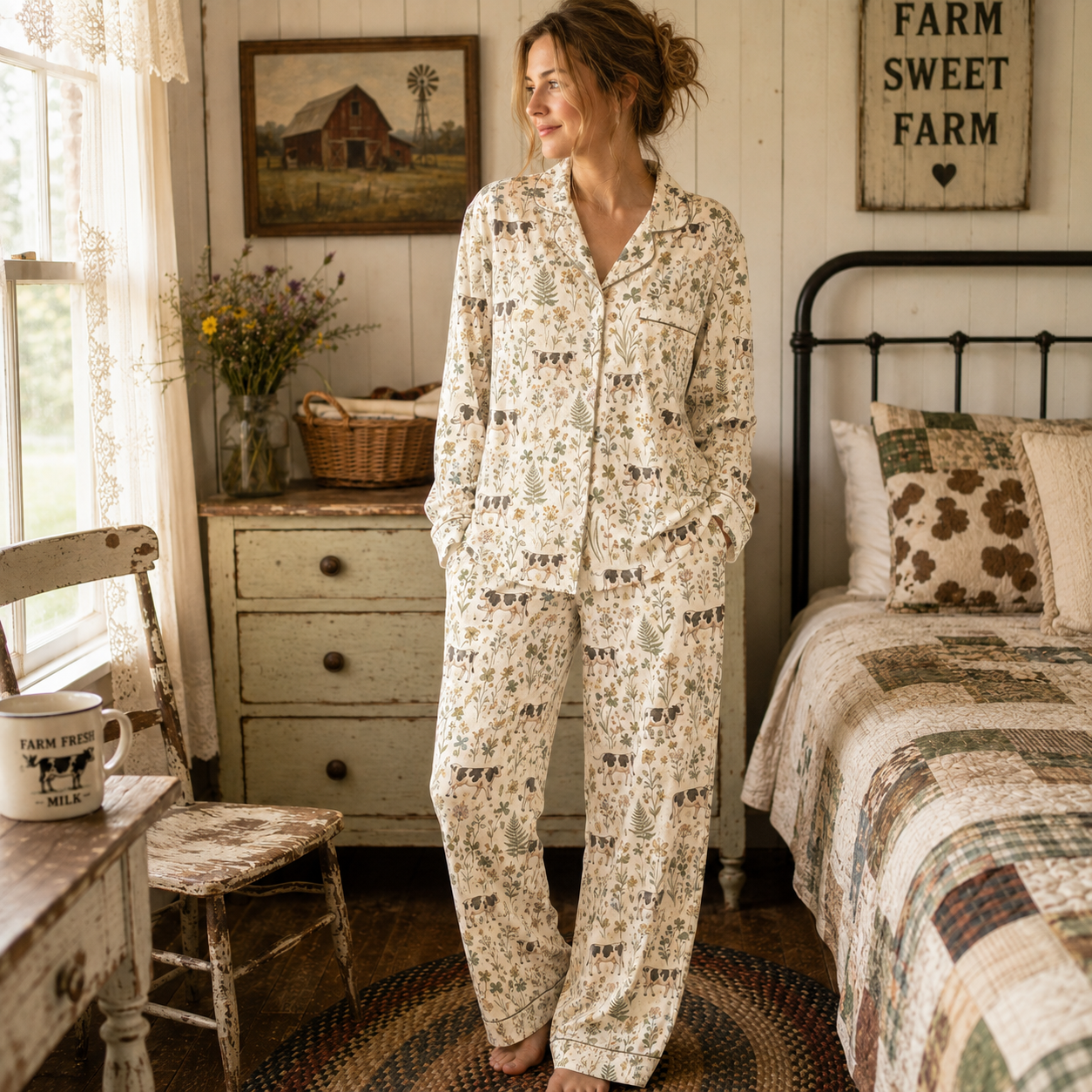 Holstein cute cattle Floral Pattern Pajamas Set Matching Family Farrmer Outfit