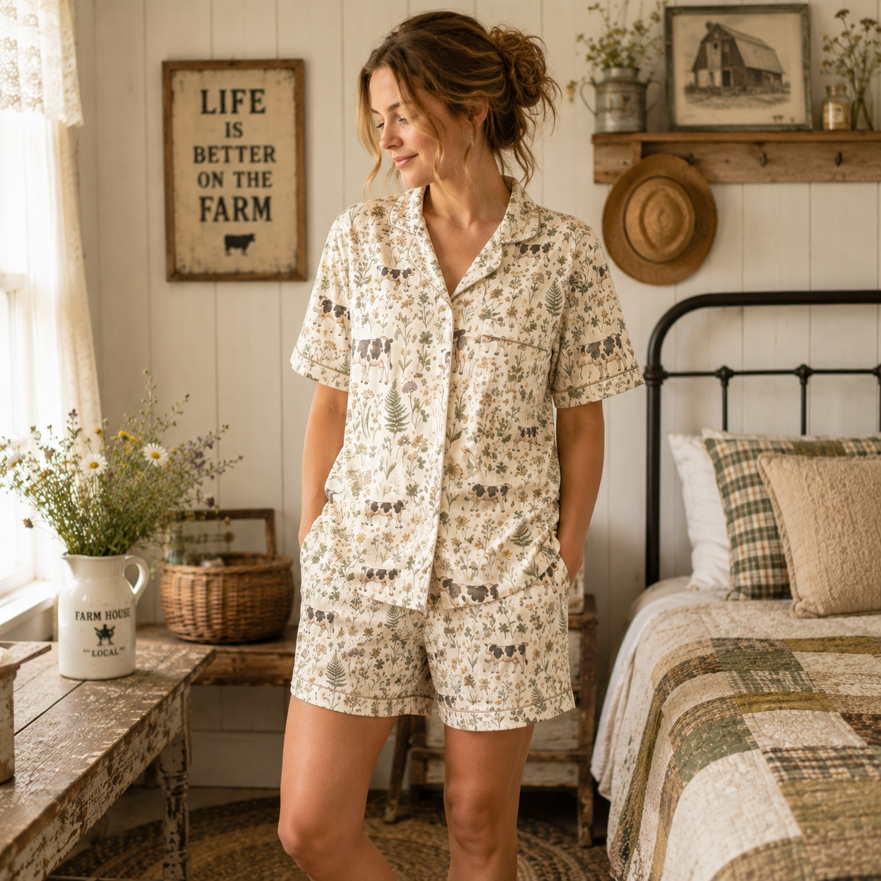 Holstein cute cattle Floral Pattern Pajamas Set Matching Family Farrmer Outfit