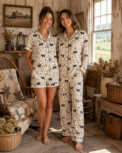 Angus cattle cute Floral Pattern Pajamas Set Matching Family Farrmer Outfit