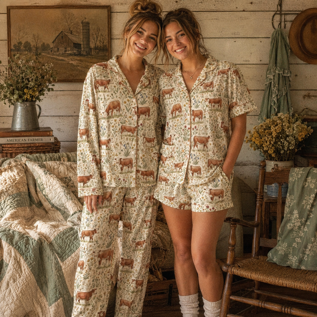Hereford cattle cute Floral Pattern Pajamas Set Matching Family Farrmer Outfit