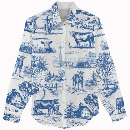 Cattle print Toile pattern Women's Mock Linen Shirts - myfunfarm