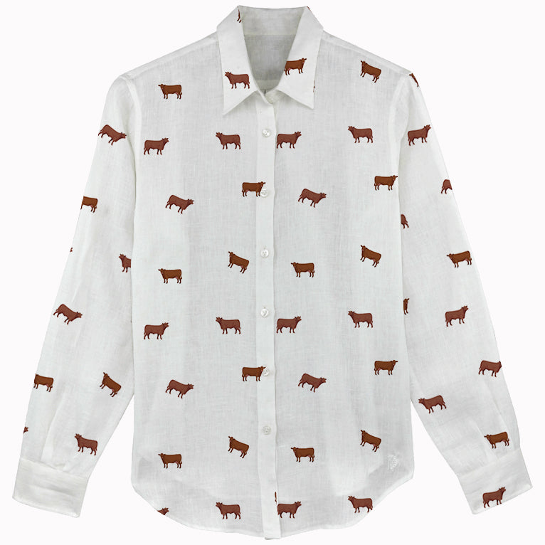 Red angus cattle icon pattern Women's Mock Linen Shirts for farmers - myfunfarm
