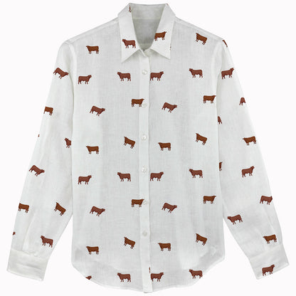 Red angus cattle icon pattern Women's Mock Linen Shirts for farmers - myfunfarm