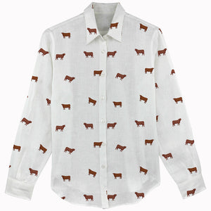 Red angus cattle icon pattern Women's Linen Shirts for farmers