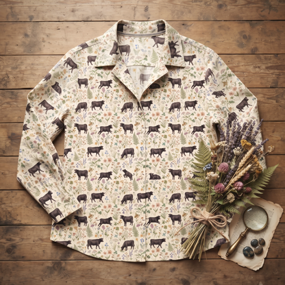 Floral angus cattle pattern Women's Mock Linen Shirts