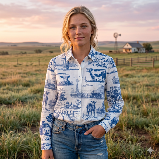 Cattle print Toile pattern Women's Mock Linen Shirts - myfunfarm