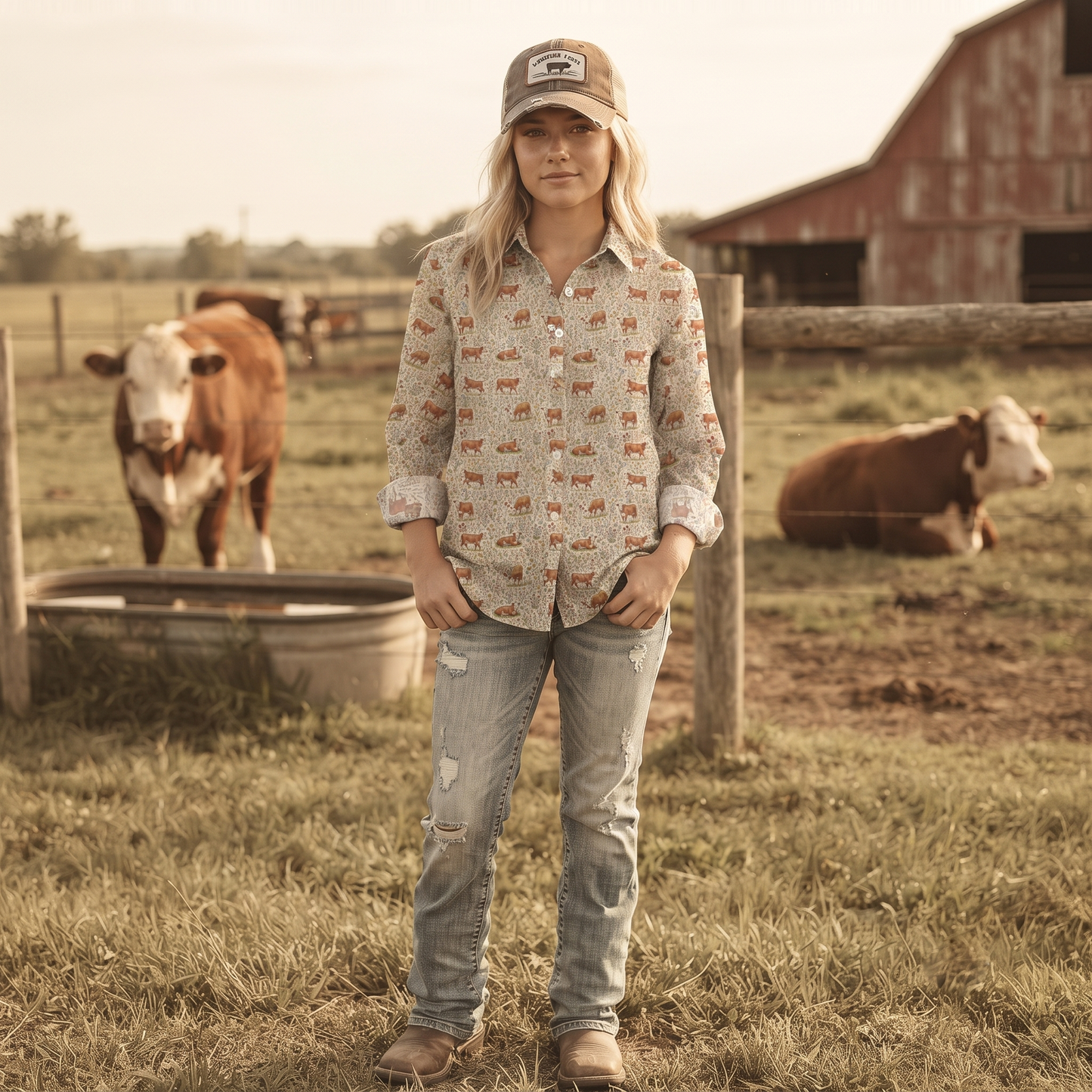 Floral Hereford cattle pattern Women's Mock Linen Shirts