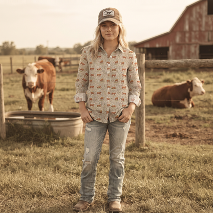 Floral Hereford cattle pattern Women's Mock Linen Shirts